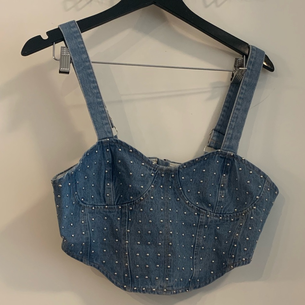 XL Cider Blue Denim Studded Corset Crop Top